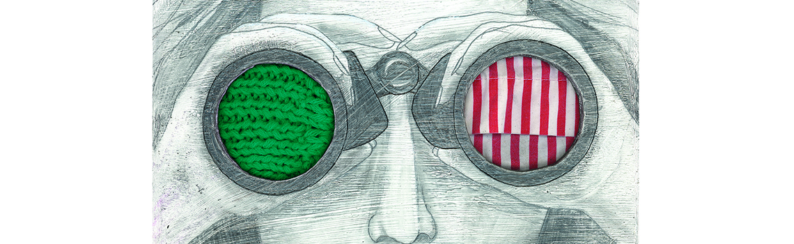 a person looking through binoculars. One lense is solid green. The other red and white stripes. Found family fiction