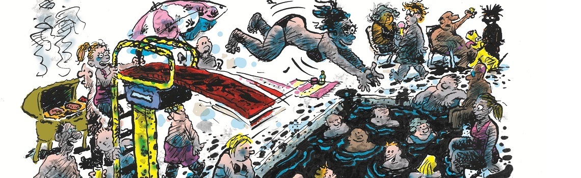 cartoon of a Petroleum pool with people diving in