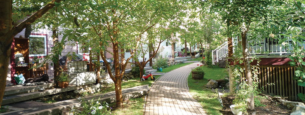 A idlic sidewalk in a cohousing community