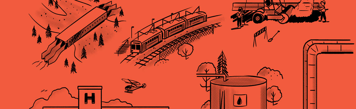 Illustration of a ctrain hospitals and other city infrastructure