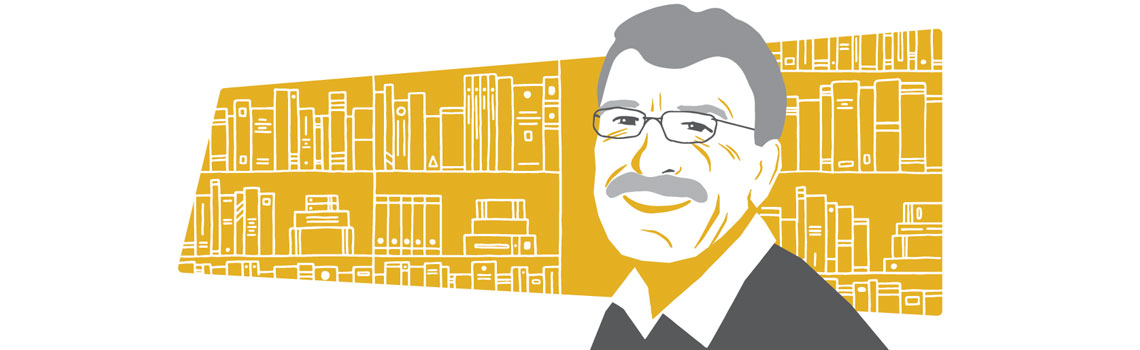 Image is an illustration of Fred Stenson wearing glasses, in front of a yellow bookshelf background