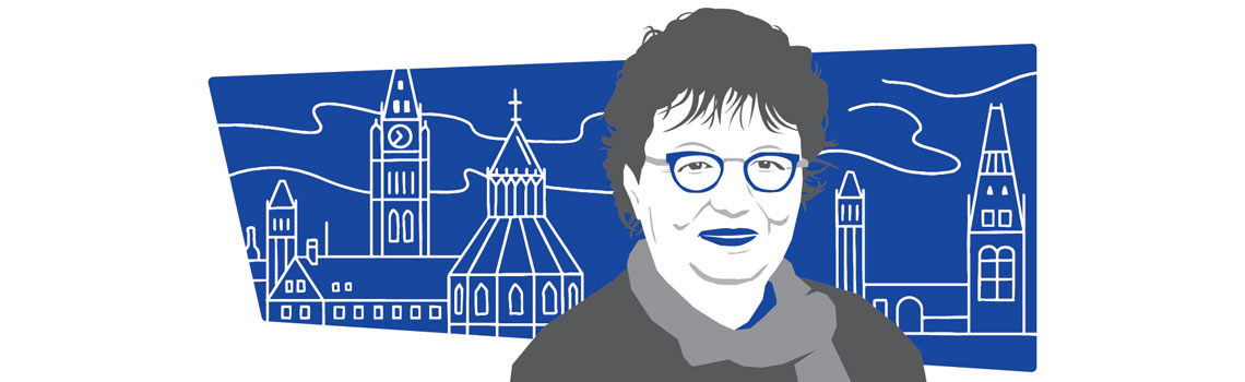 Image is an illustration of Paula Simons wearing glasses with a blue background.