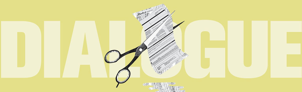 Image is an illustration of a student aid form between the blades of scissors. The illustration is over the word "dialogue," with a light hue of lime green as a background.