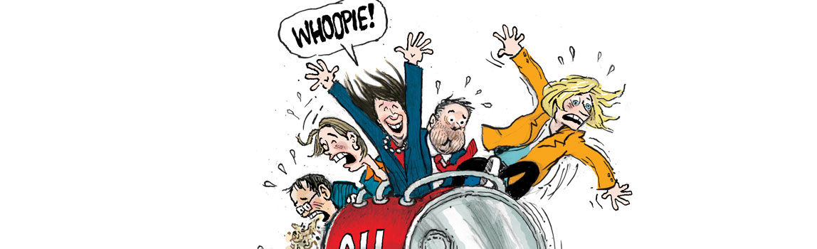 Alberta's premiers on an oil barrel shaped roller coaster