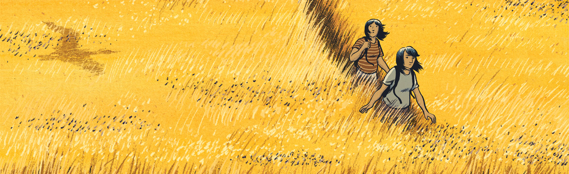 Illustrated image of two indigenous girls walking through a golden field of long grass. One stares ahead at the railroad tracks ahead of her, while the other looks up to the sky. The birds she is looking at are not pictured but their shadows stretch across the field.