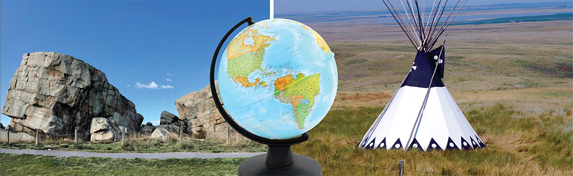 from the 2024 alberta social studies Curriculum. Big Rock in okotoks, a globe, and a teepee