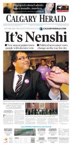 The front page of the Calgary Herald. With the Caption "It's Nenshi"