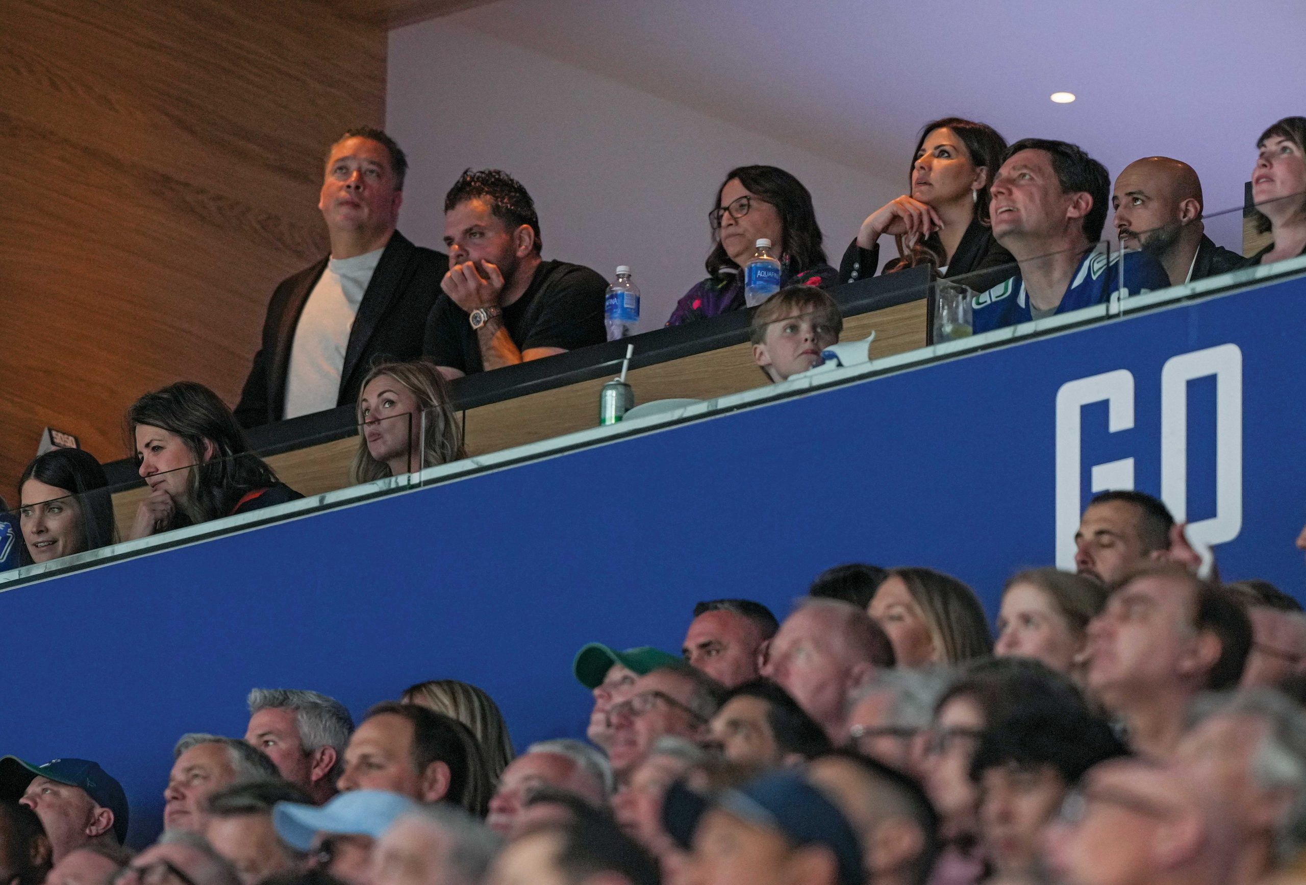 In the skybox at the NHL playoff Hockey game in Vancouver May 2024. Danielle Smith David Eby, Aaron Barner, Sam Mraiche, Andrea Sandmaier.