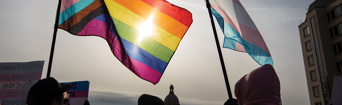 A progress pride and a transgender flag held by protesters outside of the legislature building in edmonton.