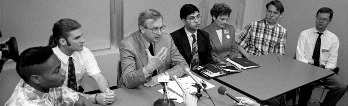 Liberal Leader Laurence Decore and Liberal education critic Yolande Gagnon attending the University of Calgary Alliance of Students, including Naheed Nenshi