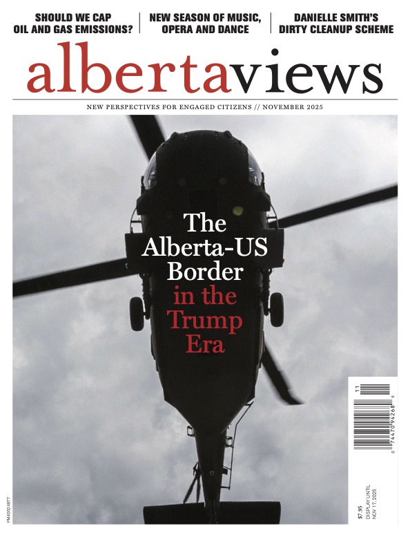 Alberta Views November. A Black Hawk helicopter flying over head