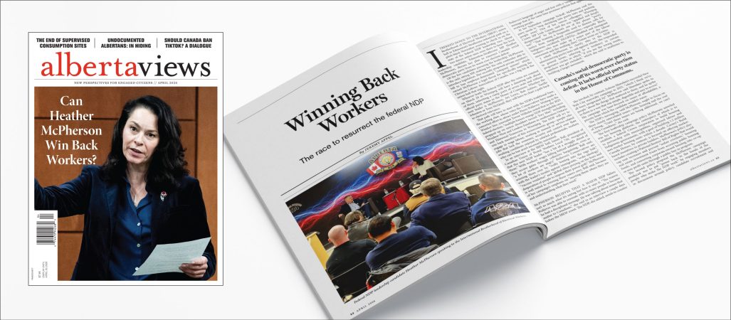 The April issue of alberta views open to the spread "winning back workers"