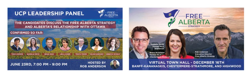 Promotional images from the UCP leadership panel and Free Alberta Strategy