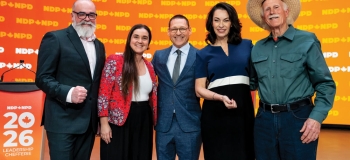 NDP leadership contenders (left to right) Rob Ashton, Tanille Johnston, Avi Lewis, Heather McPherson and Tony McQuail