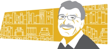 Image is an illustration of Fred Stenson wearing glasses, in front of a yellow bookshelf background