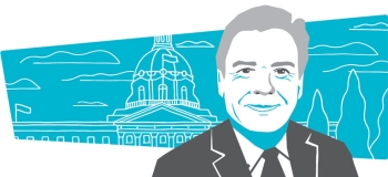 Illustrated image of Graham Thomson in front of a outline of the parliament building